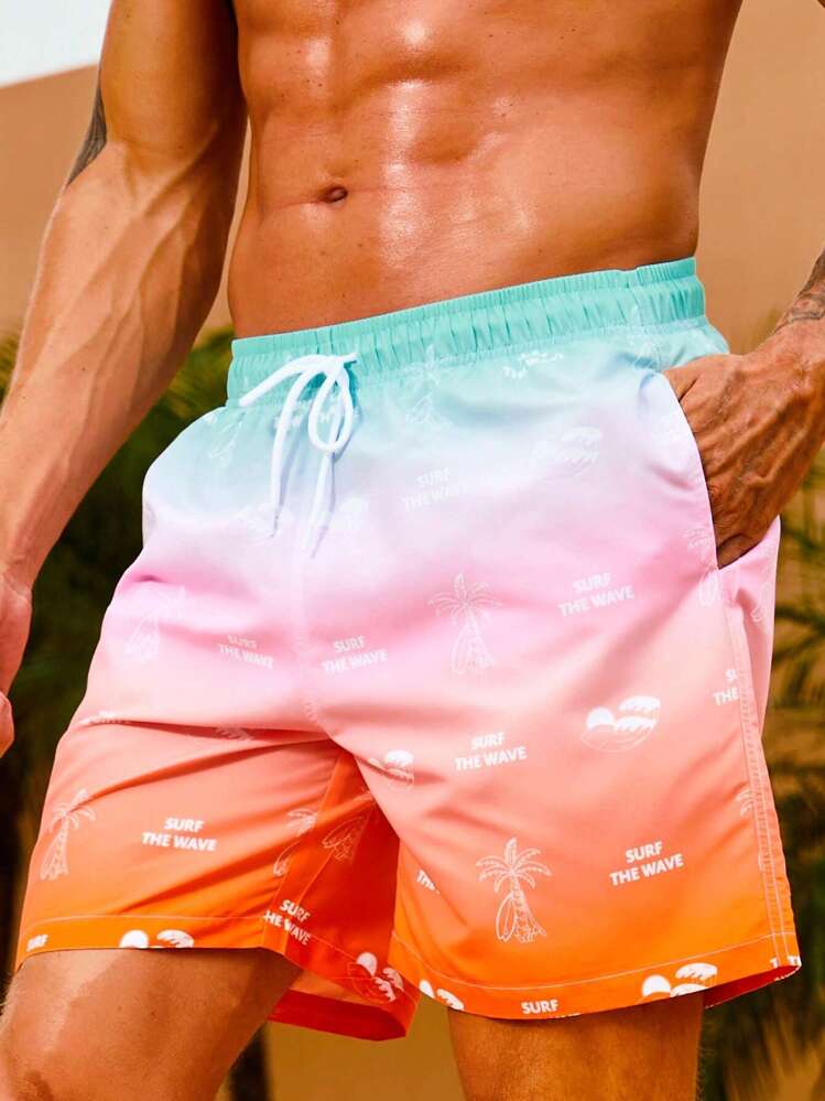 Manfinity Homens Ombre Impressão De Palmeira Cintura Com Cordão Short De Banho - Multicolorido - Ver 1