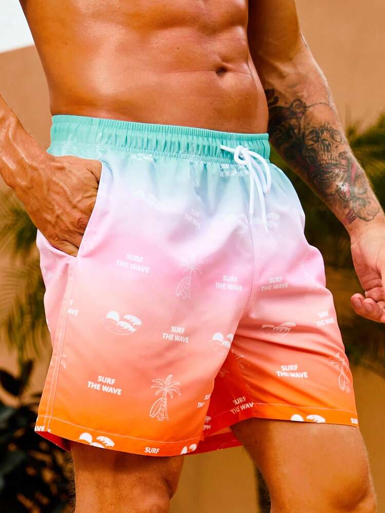 Manfinity Homens Ombre Impressão De Palmeira Cintura Com Cordão Short De Banho - Multicolorido - Ver 5