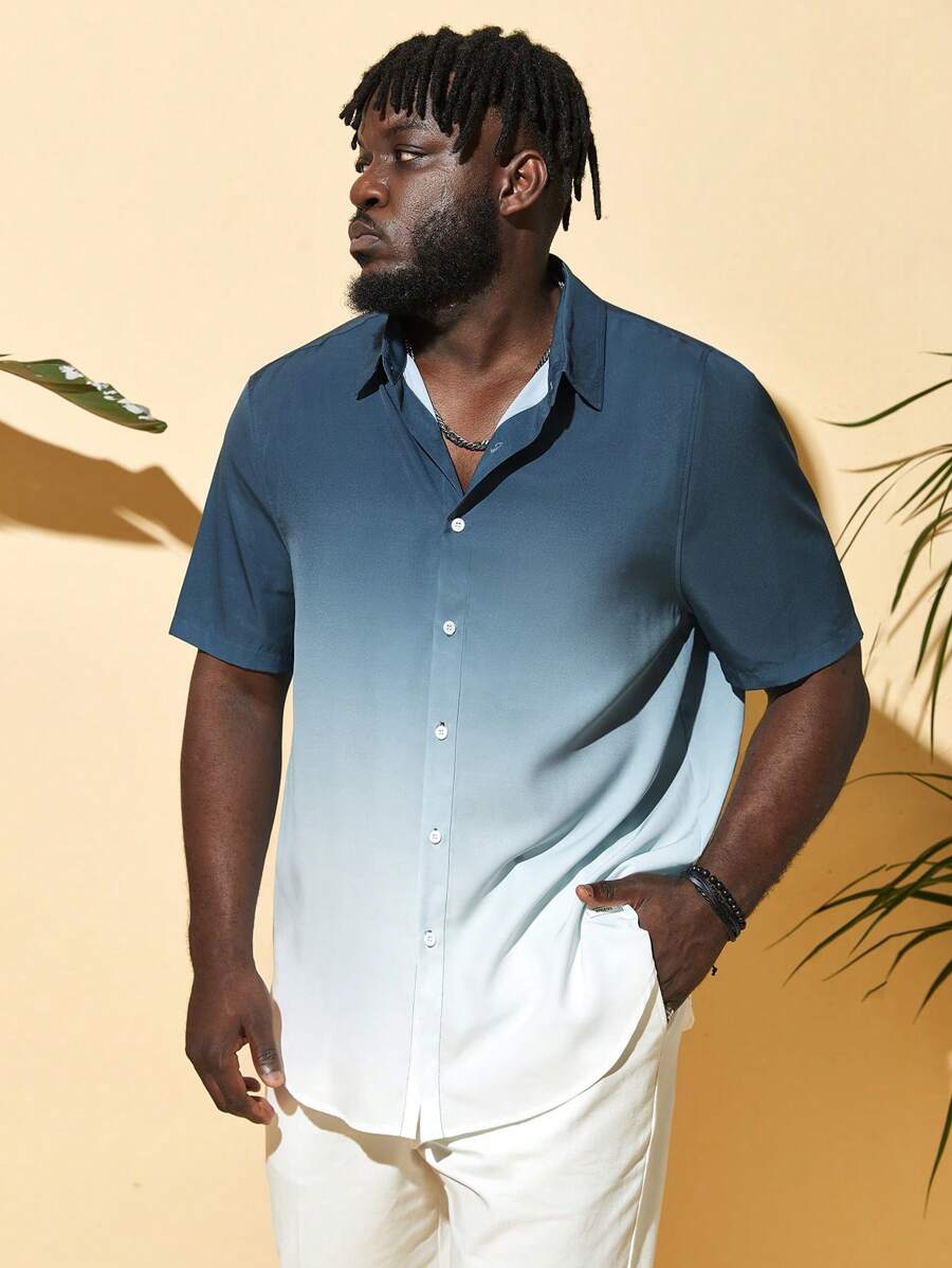 EASEVO Men Plus Ombre Button Up Shirt - Blue and White - View 1