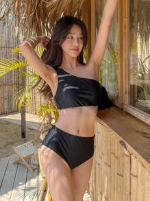 DAZY Plain One Shoulder Bikini Set Summer Beach,Tankini Bathing Suit Vacation - Black - View 6