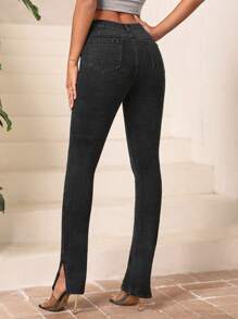 SHEIN Essnce Quần jean nữ Nút Túi Chia Dây kéo màu trơn - màu đen - Xem 3