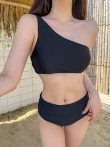 DAZY Plain One Shoulder Bikini Set Summer Beach,Tankini Bathing Suit Vacation - Black - View 9