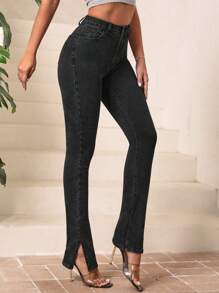 SHEIN Essnce Quần jean nữ Nút Túi Chia Dây kéo màu trơn - màu đen - Xem 4