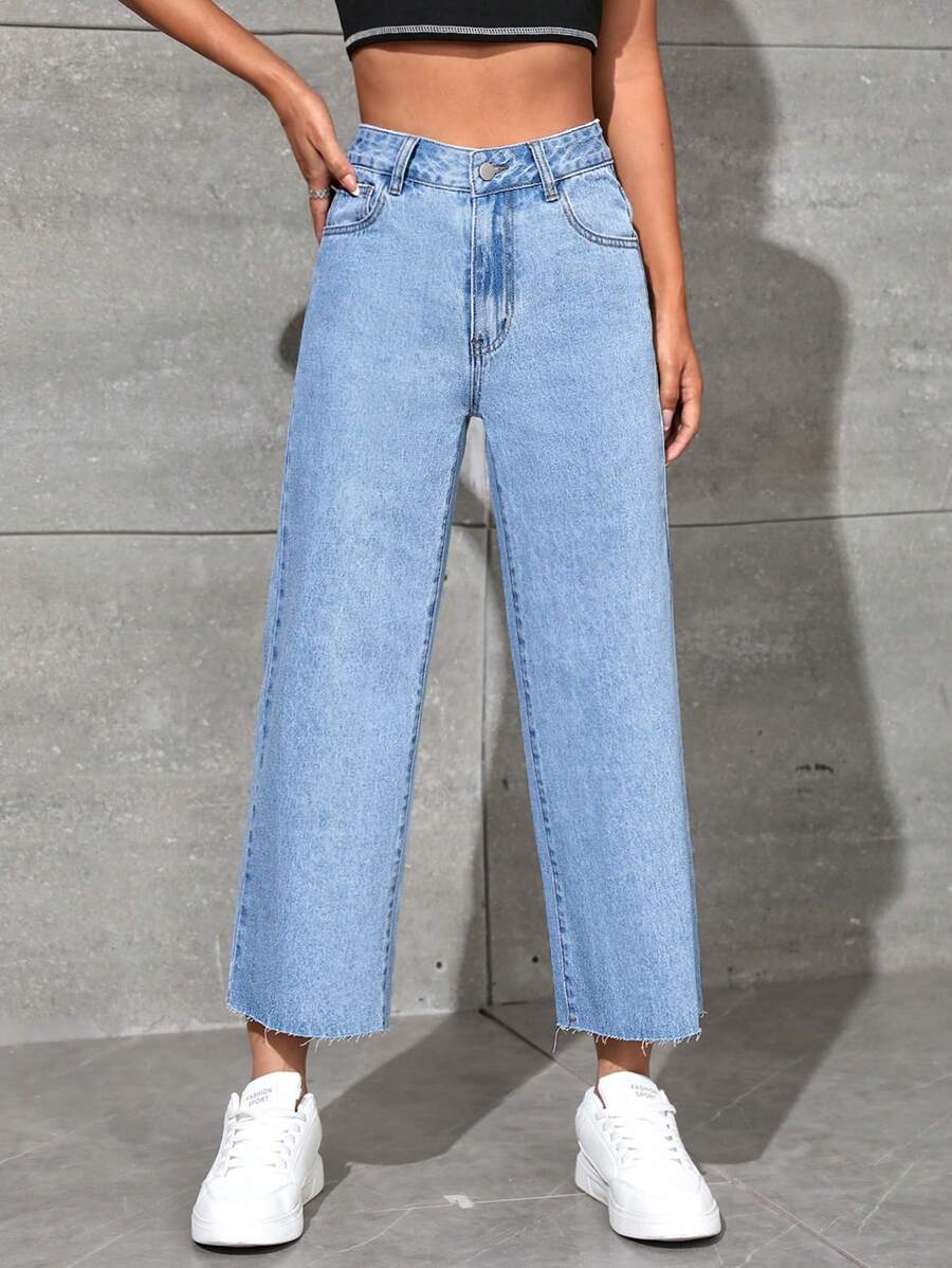 SHEIN EZwear High Waist Cropped Straight Leg Jeans - Light Wash - View 1