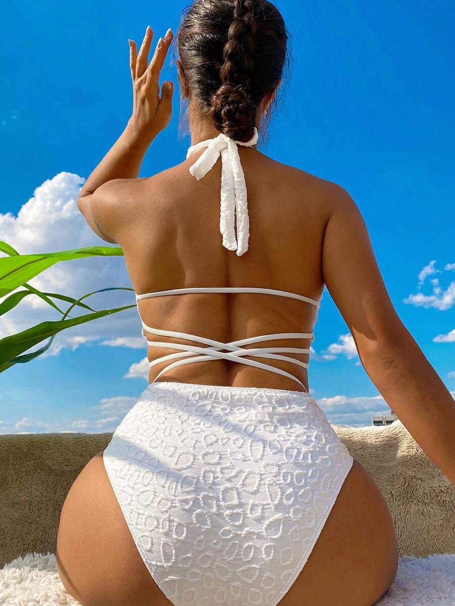 Ring Linked Halter One Piece Swimsuit - White - View 1