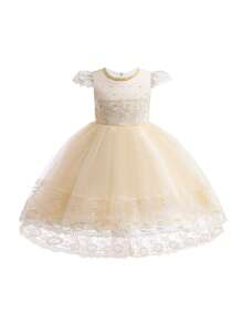 Young Girl Formal Dress With Lace, Mesh, Satin & Puffy Skirt Design, Bowknot Decoration On The Back, Elegant And Gorgeous, Suitable For Attending Banquet - Apricot - View 1
