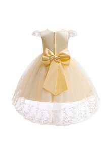 Young Girl Formal Dress With Lace, Mesh, Satin & Puffy Skirt Design, Bowknot Decoration On The Back, Elegant And Gorgeous, Suitable For Attending Banquet - Apricot - View 2