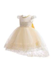 Young Girl Formal Dress With Lace, Mesh, Satin & Puffy Skirt Design, Bowknot Decoration On The Back, Elegant And Gorgeous, Suitable For Attending Banquet - Apricot - View 3