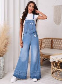 SHEIN Essnce 破洞闊腿牛仔背帶褲不帶T恤 - 中等水洗藍 - 查看 1