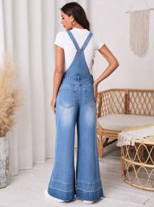 SHEIN Essnce 破洞闊腿牛仔背帶褲不帶T恤 - 中等水洗藍 - 查看 2