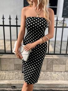 SHEIN Privé 波點圖案高衩抹胸洋裝 - 黑與白 - 查看 1