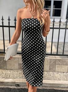 SHEIN Privé 波點圖案高衩抹胸洋裝 - 黑與白 - 查看 3