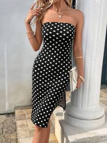 SHEIN Privé 波點圖案高衩抹胸洋裝 - 黑與白 - 查看 6