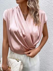 SHEIN Privé Solid Surplice Neck Batwing Sleeve Blouse - Pink - View 4