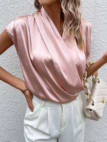 SHEIN Privé Solid Surplice Neck Batwing Sleeve Blouse - Pink - View 5