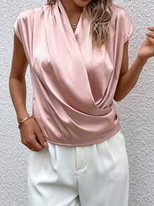 SHEIN Privé Solid Surplice Neck Batwing Sleeve Blouse - Pink - View 6