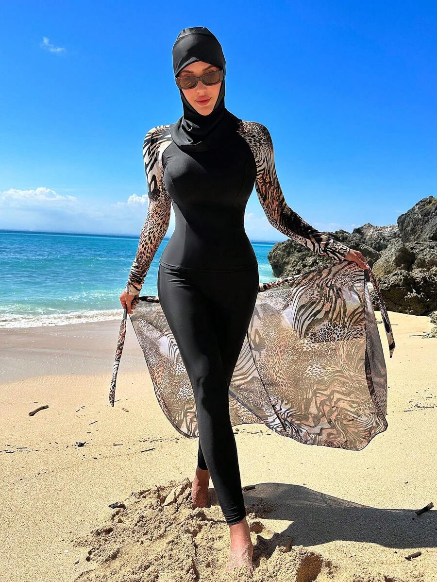 Leopard Print High Neck Full Body Rashguard With Hat Summer Beach - Multicolor - View 1