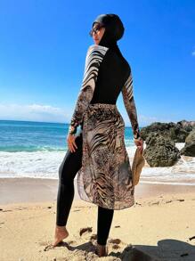 Leopard Print High Neck Full Body Rashguard With Hat Summer Beach - Multicolor - View 2