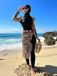 Leopard Print High Neck Full Body Rashguard With Hat Summer Beach - Multicolor - View 3