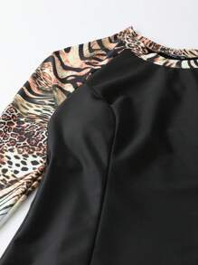 Leopard Print High Neck Full Body Rashguard With Hat Summer Beach - Multicolor - View 4