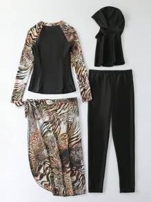 Leopard Print High Neck Full Body Rashguard With Hat Summer Beach - Multicolor - View 5