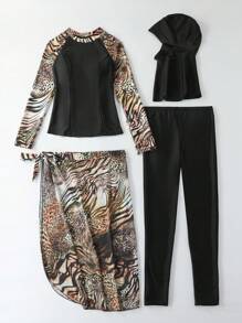 Leopard Print High Neck Full Body Rashguard With Hat Summer Beach - Multicolor - View 6