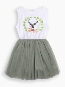 可愛無袖背心網紗洋裝帶鹿圖案適合夏天節假日 - 灰色 - 查看 1