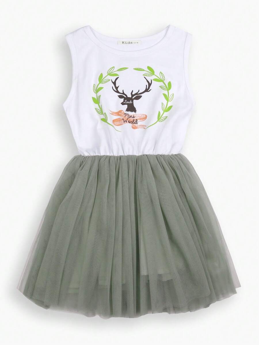 可愛無袖背心網紗洋裝帶鹿圖案適合夏天節假日 - 灰色 - 查看 1