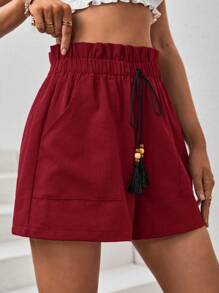 SHEIN VCAY Paperbag Waist Tie Front Shorts - Burgundy - View 3