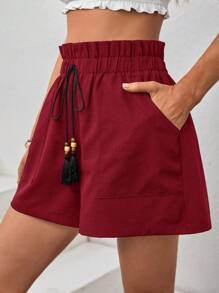 SHEIN VCAY Paperbag Waist Tie Front Shorts - Burgundy - View 5