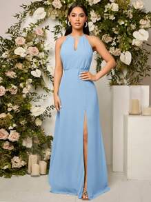 SHEIN Belle Cut Out Front Split Thigh Halter Bridesmaid Dress - Baby Blue - View 1
