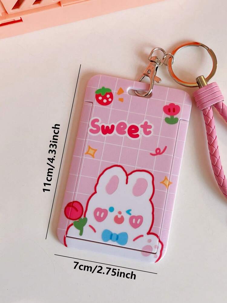 1 יחידה כיסוי כרטיס דפוס ארנב מצויר עם חבל יד, כיסוי הזזה חמוד מחזיק כרטיס נייד לסטודנט - ורוד - ראה 3