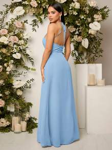 SHEIN Belle Cut Out Front Split Thigh Halter Bridesmaid Dress - Baby Blue - View 2