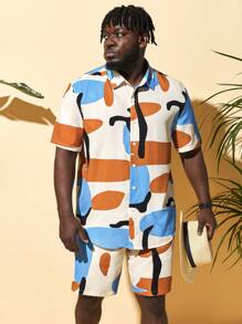 GENTILAND Men Plus Graphic Print Shirt & Shorts - Multicolor - View 1