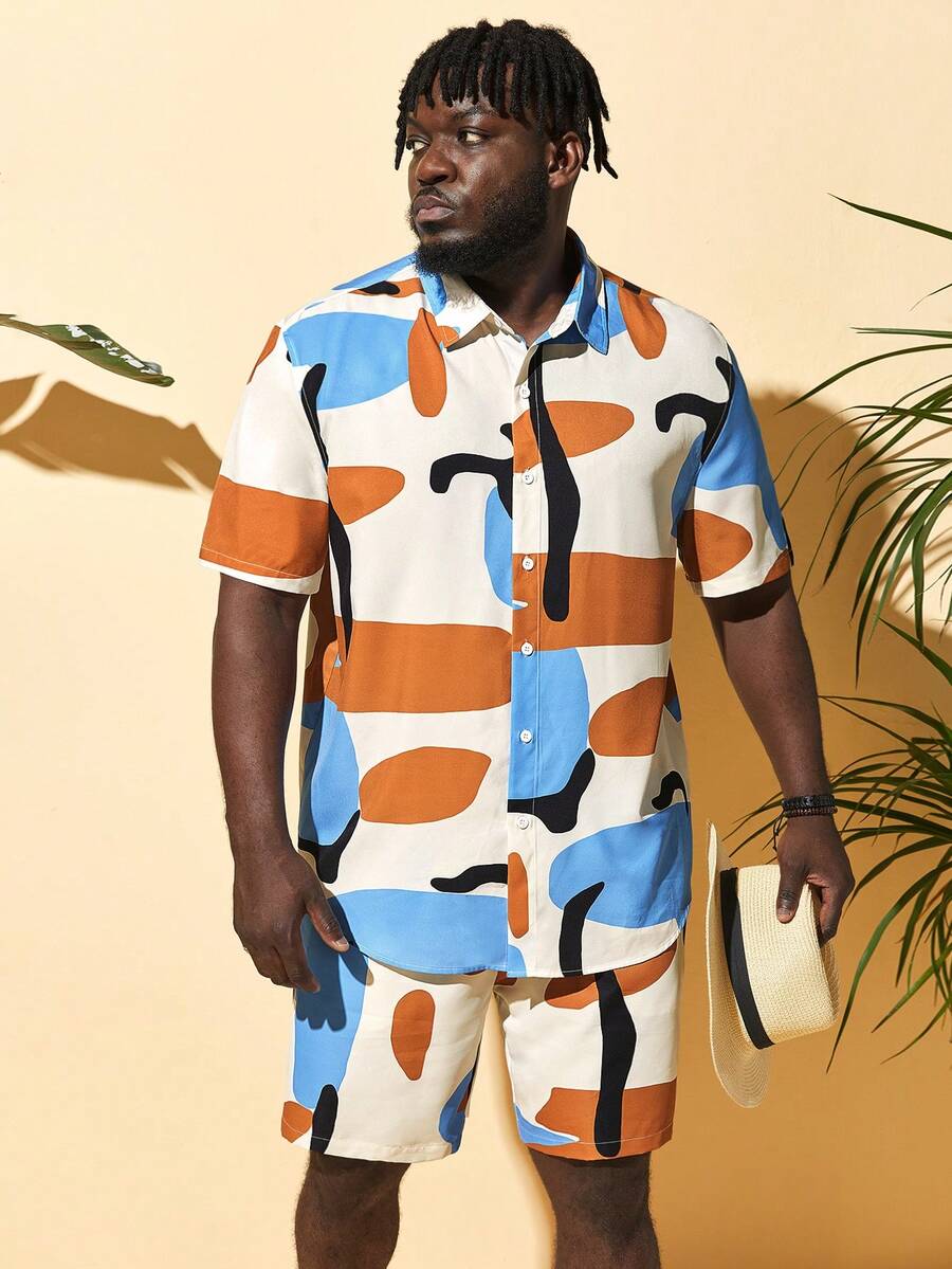 GENTILAND Men Plus Graphic Print Shirt & Shorts - Multicolor - View 1