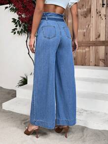 SHEIN Frenchy Paperbag Waist Belted Wide Leg Jeans - Medium Wash - View 2
