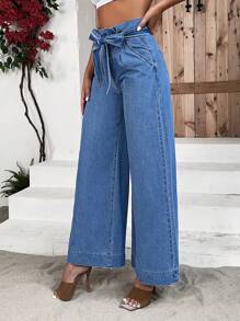 SHEIN Frenchy Paperbag Waist Belted Wide Leg Jeans - Medium Wash - View 3