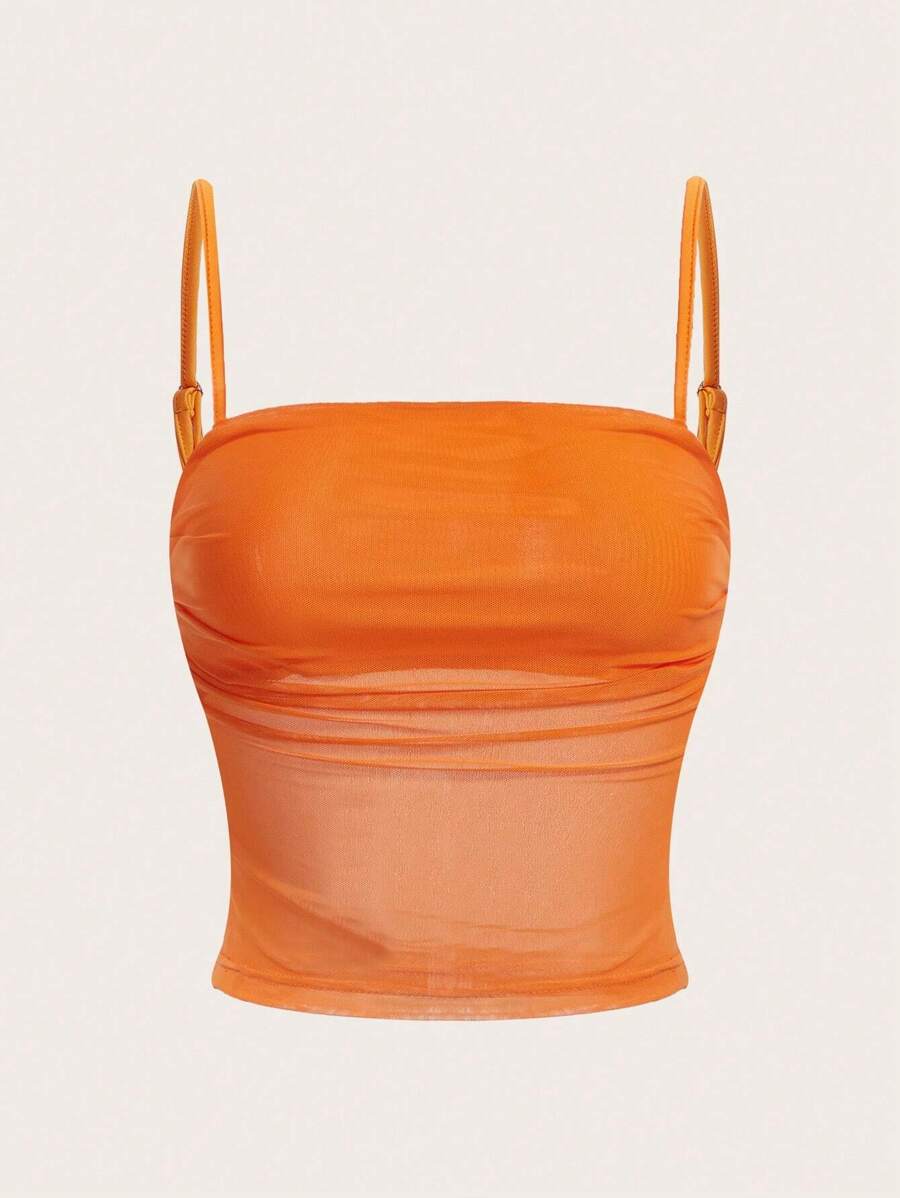 SHEIN EZwear Solid Mesh Cami Top - Orange - View 1