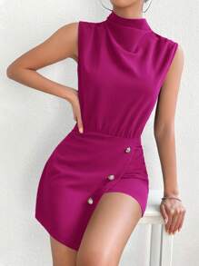 Chiquease 小高領紐扣細節不對稱下擺連身短褲 - 玫紅色 - 查看 1