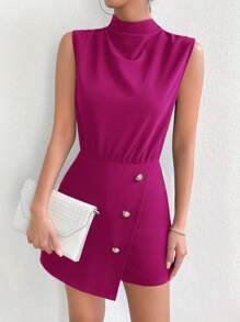 Chiquease 小高領紐扣細節不對稱下擺連身短褲 - 玫紅色 - 查看 6