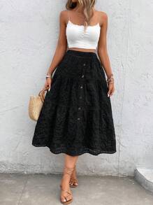 Breezaya Button Front Ruffle Hem Skirt - Black - View 1