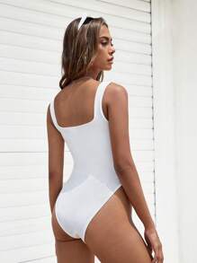 Muchica Solid Square Neck Tank Bodysuit - White - View 2