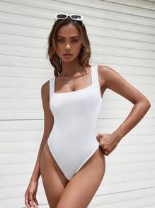 Muchica Solid Square Neck Tank Bodysuit - White - View 7