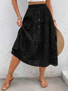 Breezaya Button Front Ruffle Hem Skirt - Black - View 4