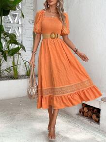 SHEIN VCAY 蕾絲拼接荷葉邊連衣裙不附腰帶 - 橘色 - 查看 4