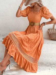 SHEIN VCAY 蕾絲拼接荷葉邊連衣裙不附腰帶 - 橘色 - 查看 5