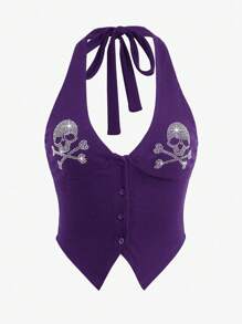 ROMWE PUNK Top halter de cráneo con diamante de imitación de espalda abierta - Morado - Ver 1