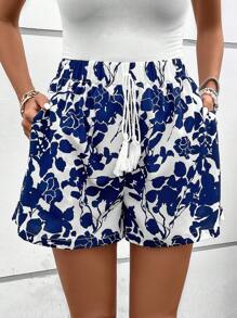 SHEIN VCAY Floral Print Tie Front Shorts - Blue and White - View 5