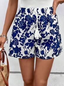 SHEIN VCAY Floral Print Tie Front Shorts - Blue and White - View 4