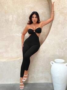 SHEIN SXY Đơn vị Nữ Lộ Lưng Cắt ra Nhẫn Xù màu trơn - màu đen - Xem 1